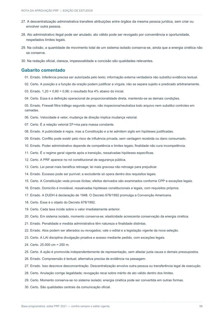 Página 58: gabarito comentado do simulado Certo ou Errado
